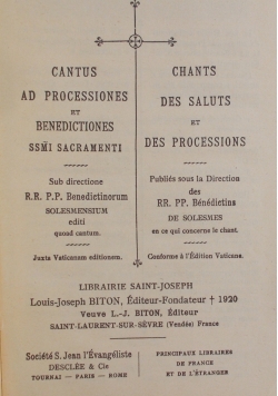 Cantus ad processiones et Benedictiones ssmi sacramenti , 1922 r.