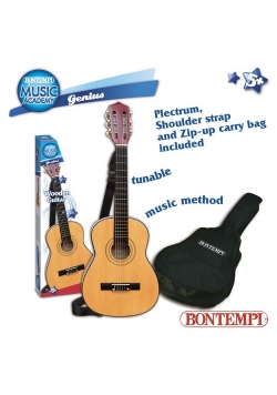 Gitara drewniana 75 cm z paskiem i futerałem