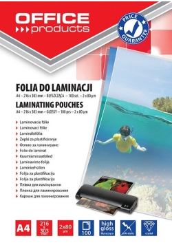 Folia do laminacji Office Products A4 216x303mm błyszcząca 100 sztuk transparentna