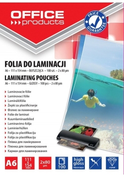 Folia do laminowania OFFICE PRODUCTS A6 2x80mikr., błyszcząca, 100 sztuk, transparentna